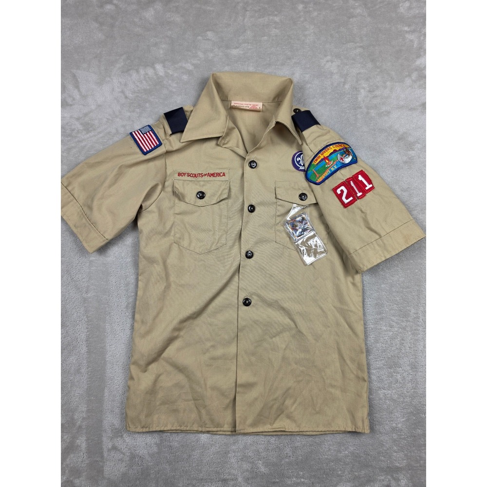 Boy Scouts of America Uniform Shirt Kids Youth M Tan Patches USA Made New York